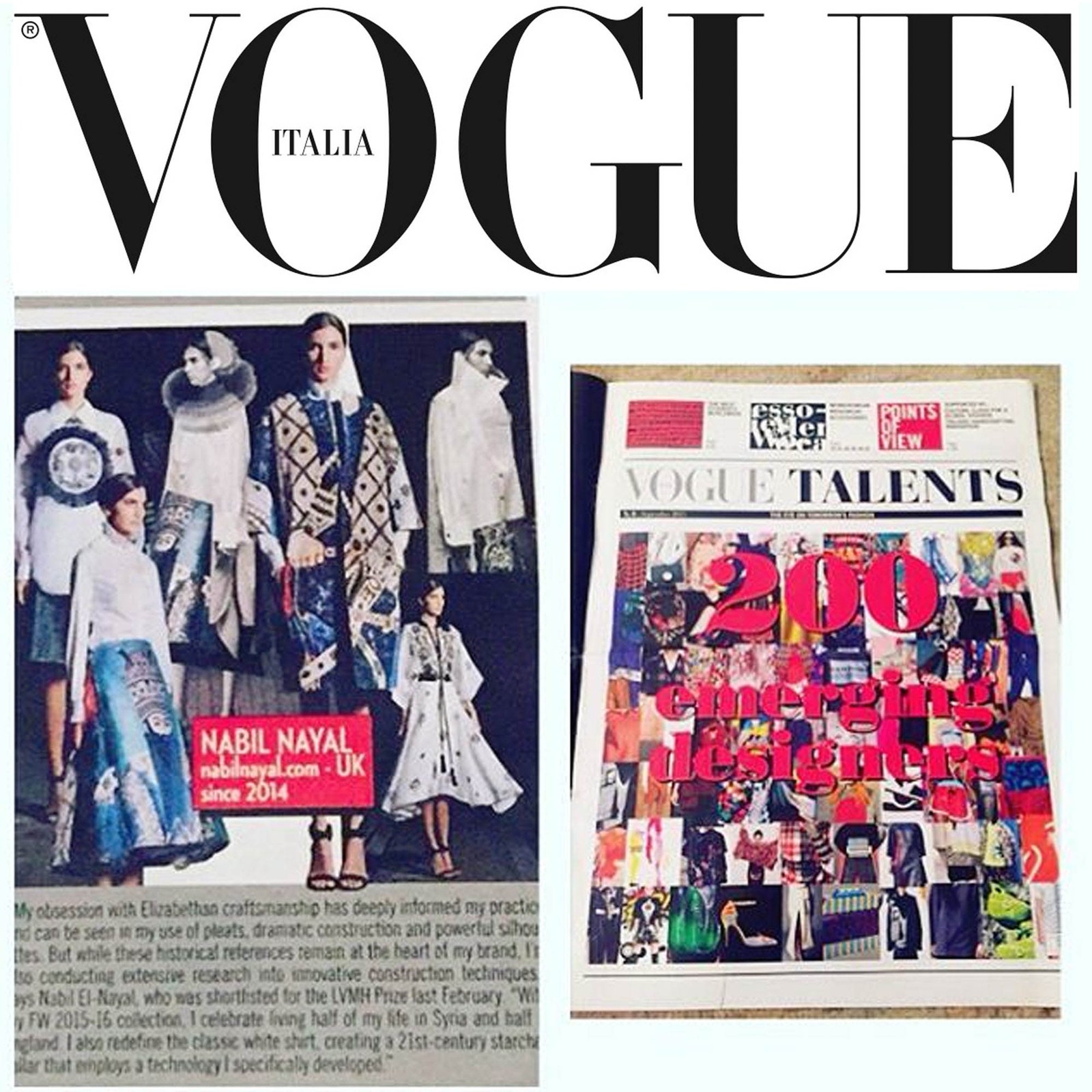Vogue Italia feature with a runway group photograph and a Vogue Talents cover.