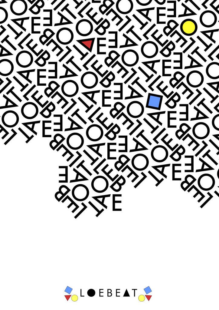 A LOEBEAT graphic with scattered black lettering and small coloured geometric accents.