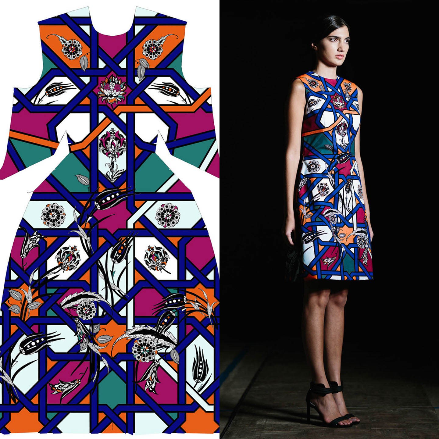 A geometric multicoloured dress print beside the completed runway look.