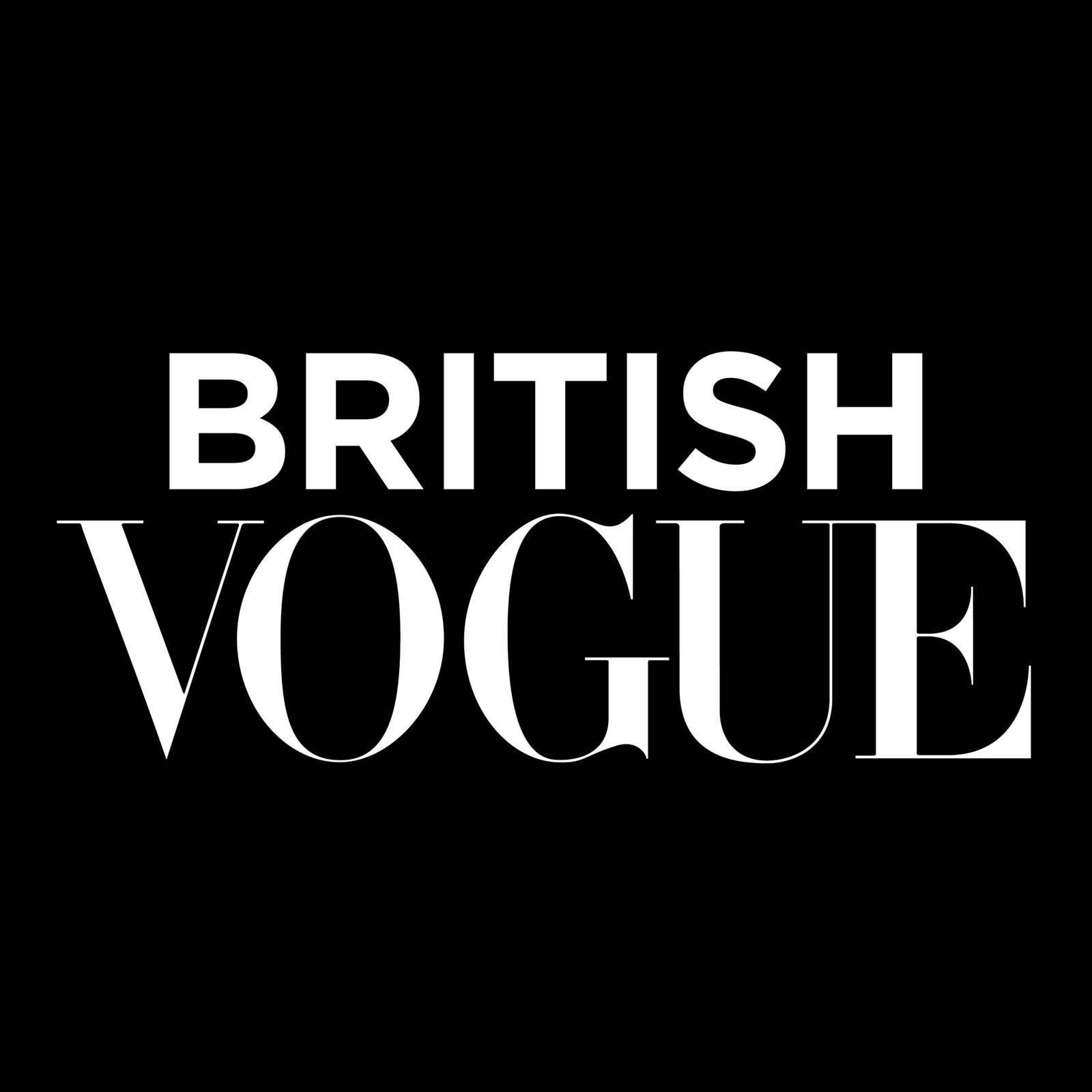 British Vogue masthead in white lettering on black.
