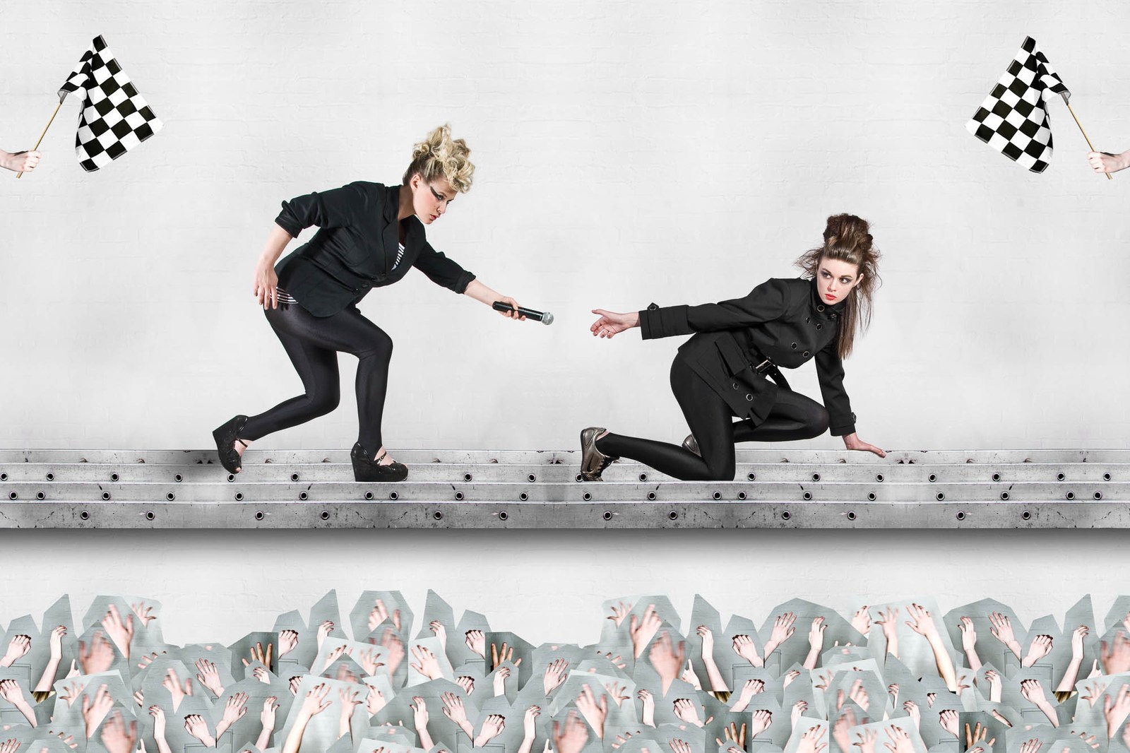 Two figures reaching towards each other in a pale collage with chequered flags.