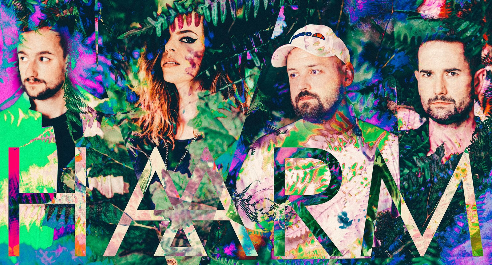 Four band members layered over vivid tropical foliage, with HAARM lettering across the image.
