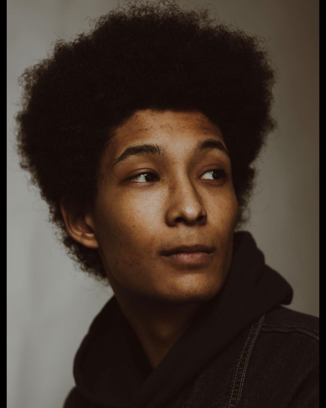 A close portrait of a person with an afro hairstyle looking to one side.