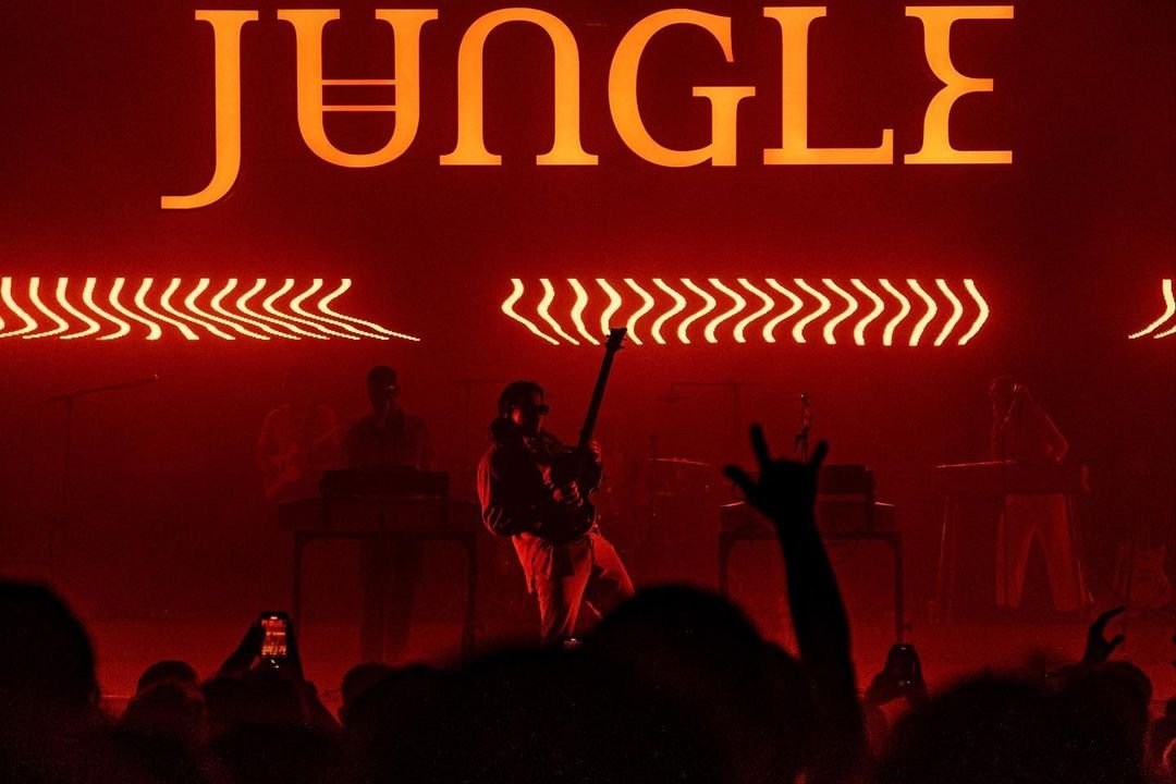 A dark concert crowd with raised hands before a red-lit JUNGLE stage.