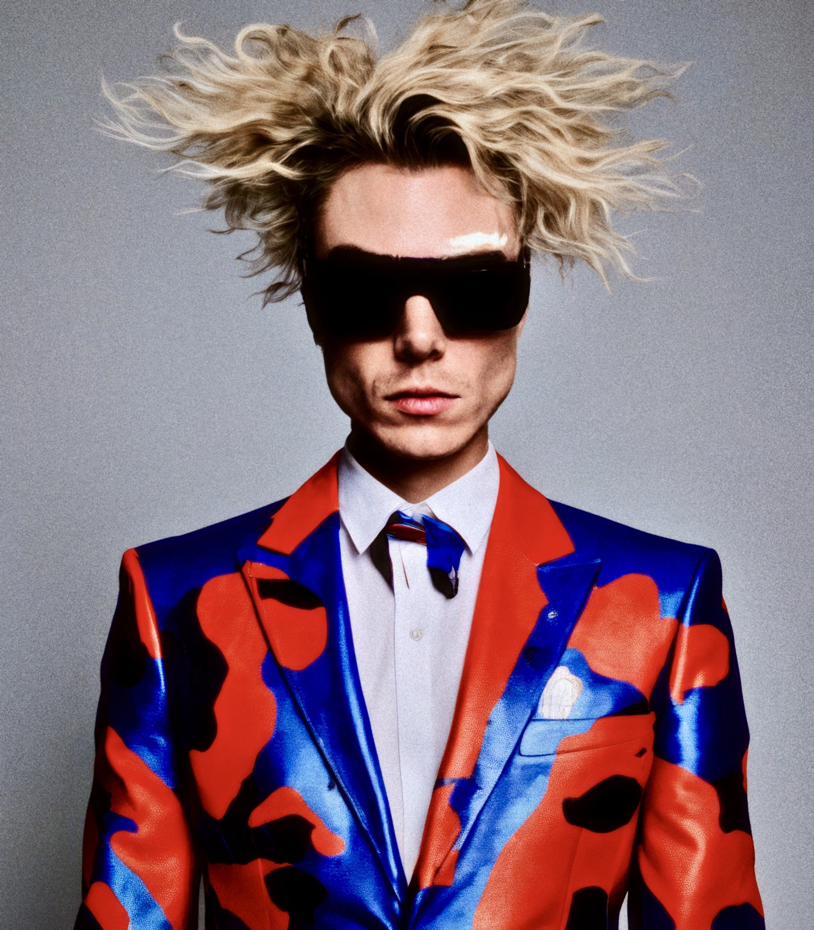 WORM in dark sunglasses, a white shirt and a red and blue patterned suit.