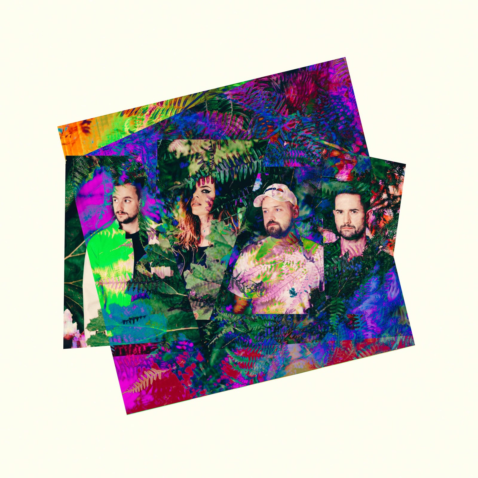 Overlapping square prints of a colourful band portrait and tropical collage.