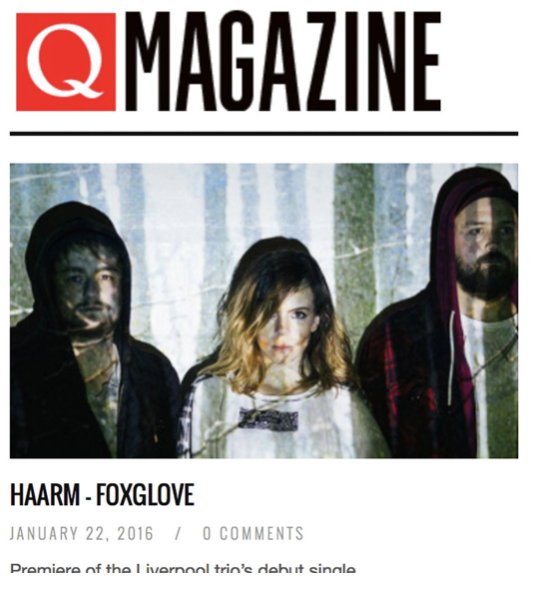 Q Magazine feature for HAARM's Foxglove with a portrait of three band members.