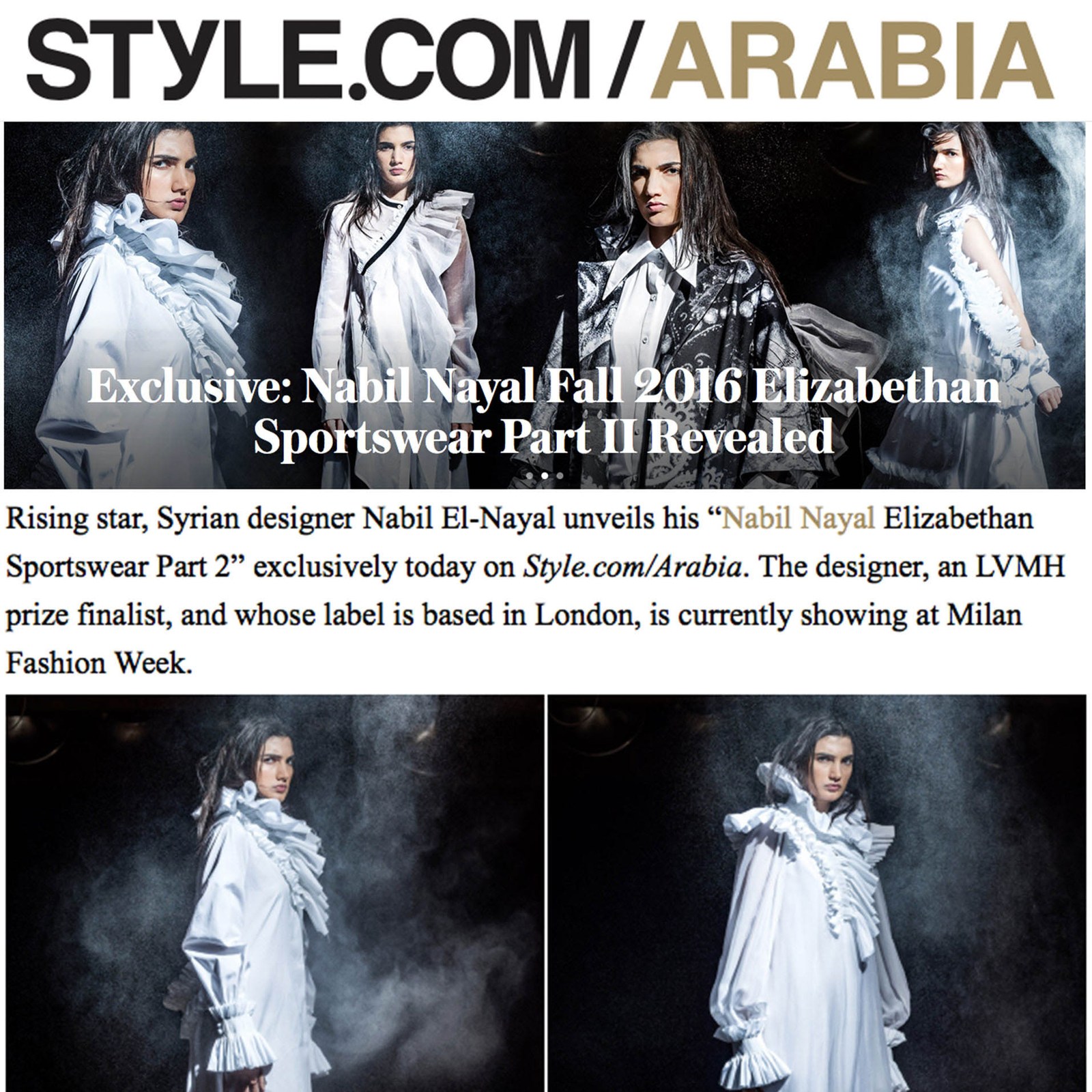Style.com Arabia feature on Nabil Nayal's Fall 2016 Elizabethan Sportswear collection.