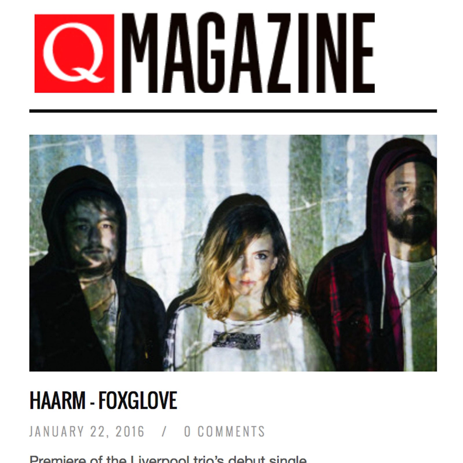 Q Magazine feature for HAARM's Foxglove with a portrait of three band members.