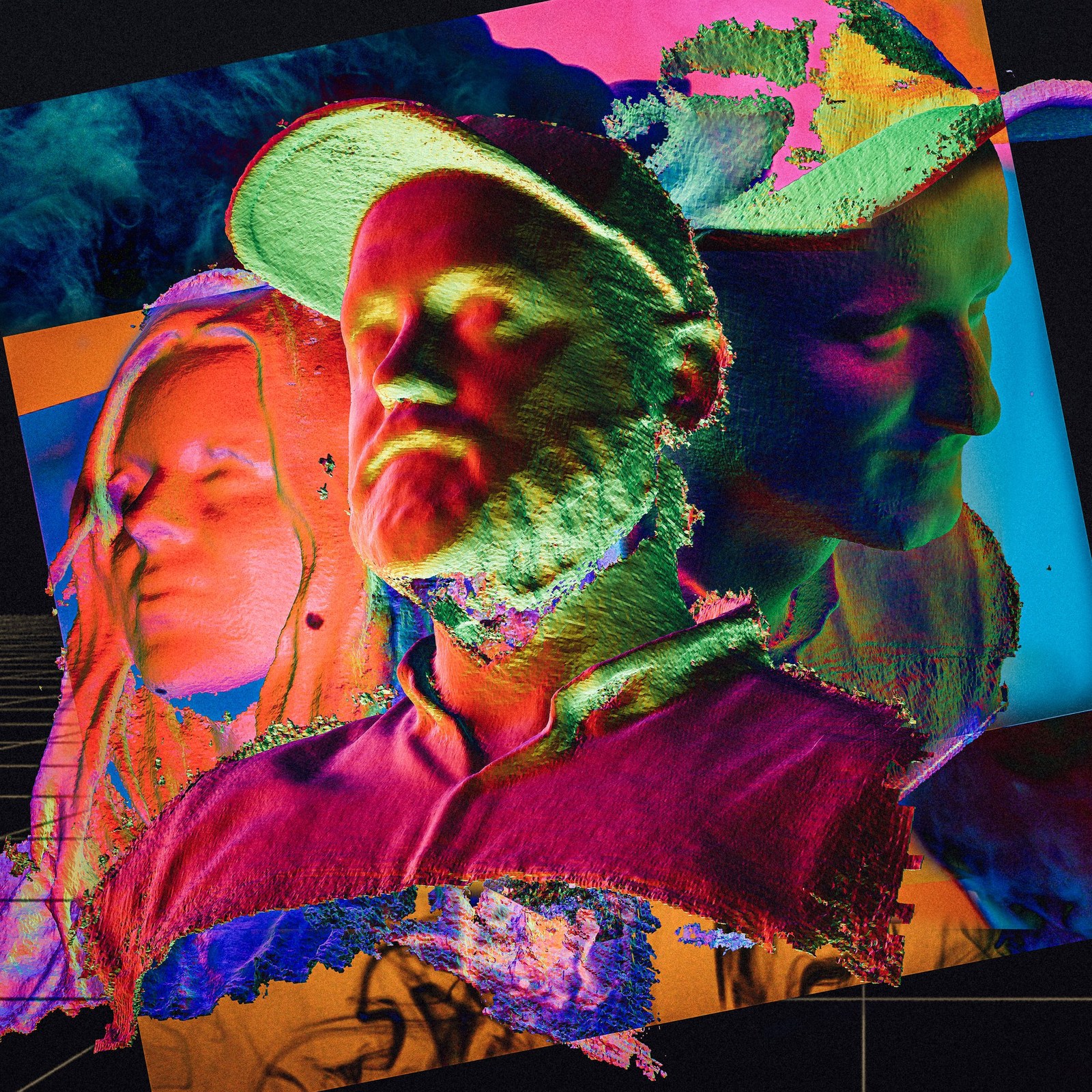 A layered HAARM portrait in fluorescent red, green, blue and purple.