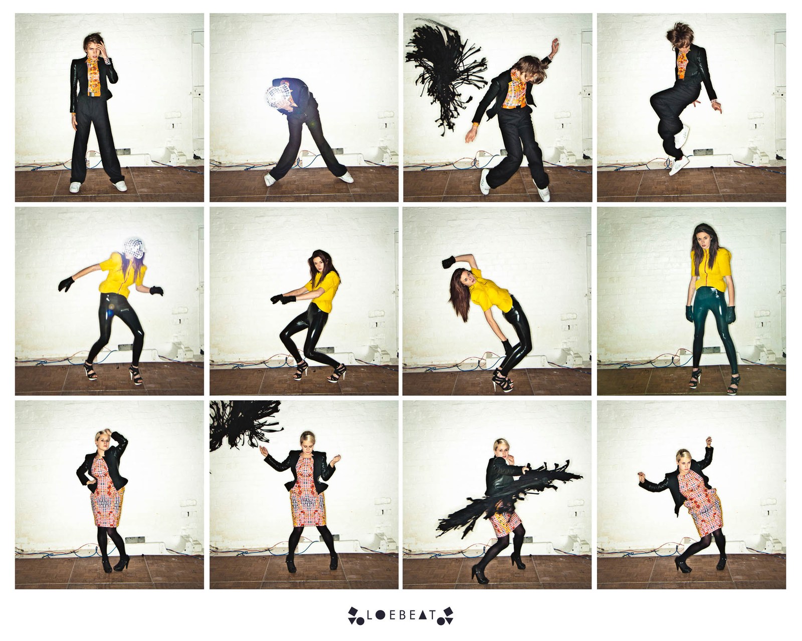 A contact sheet of twelve fashion poses in colourful sportswear.