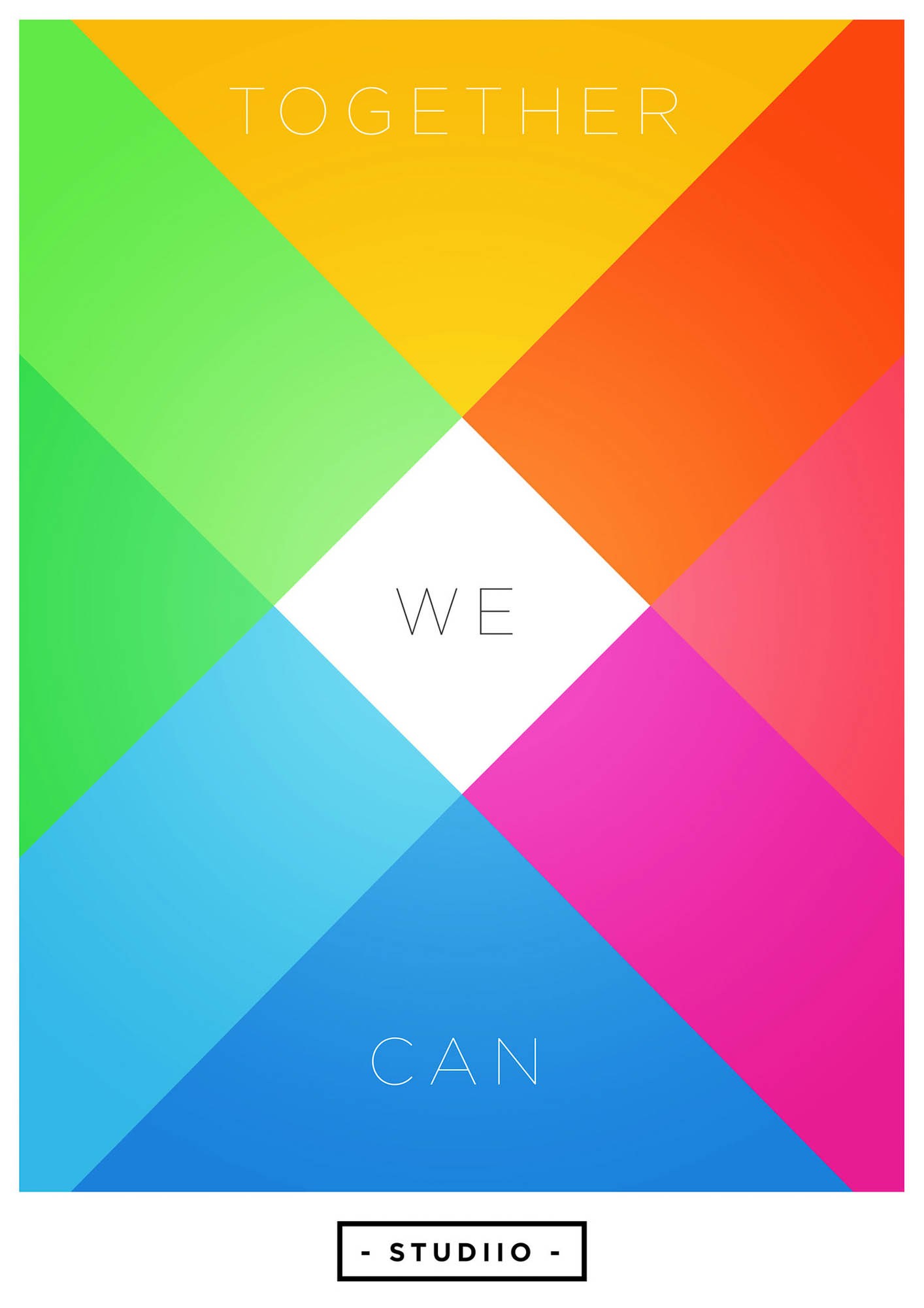 A STUDiiO poster with overlapping rainbow-coloured shapes and the words Together We Can.