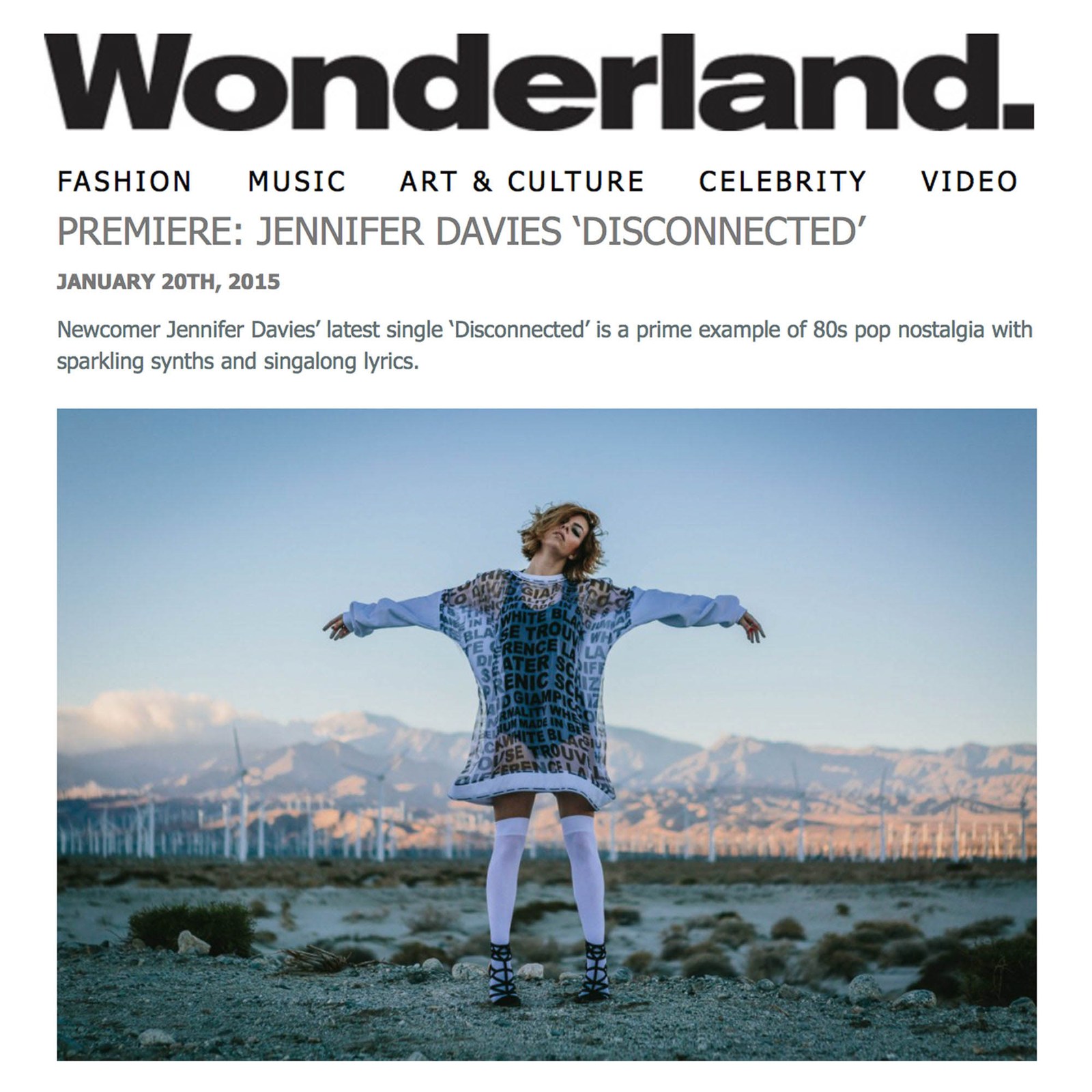 Wonderland premiere feature for Jennifer Davies' Disconnected, illustrated with a model overlooking a city.