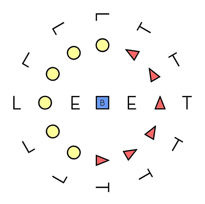 A circular arrangement of letters and primary-colour shapes around a LOEBEAT wordmark.