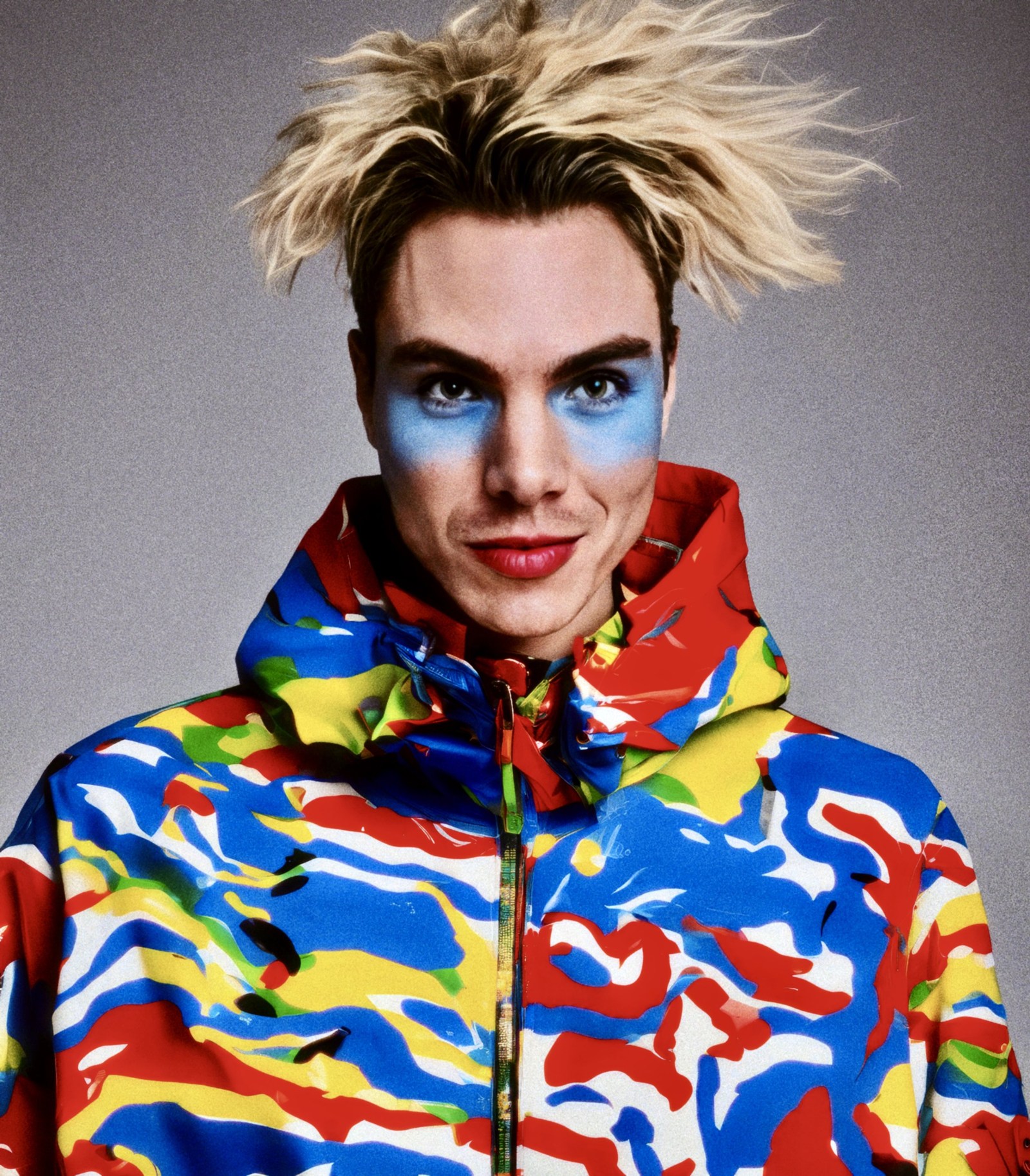 WORM in a multicoloured high-collared jacket against a pale background.
