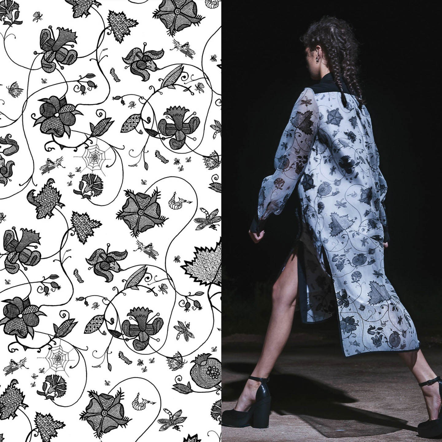 A black floral textile print beside a runway model wearing the pattern.