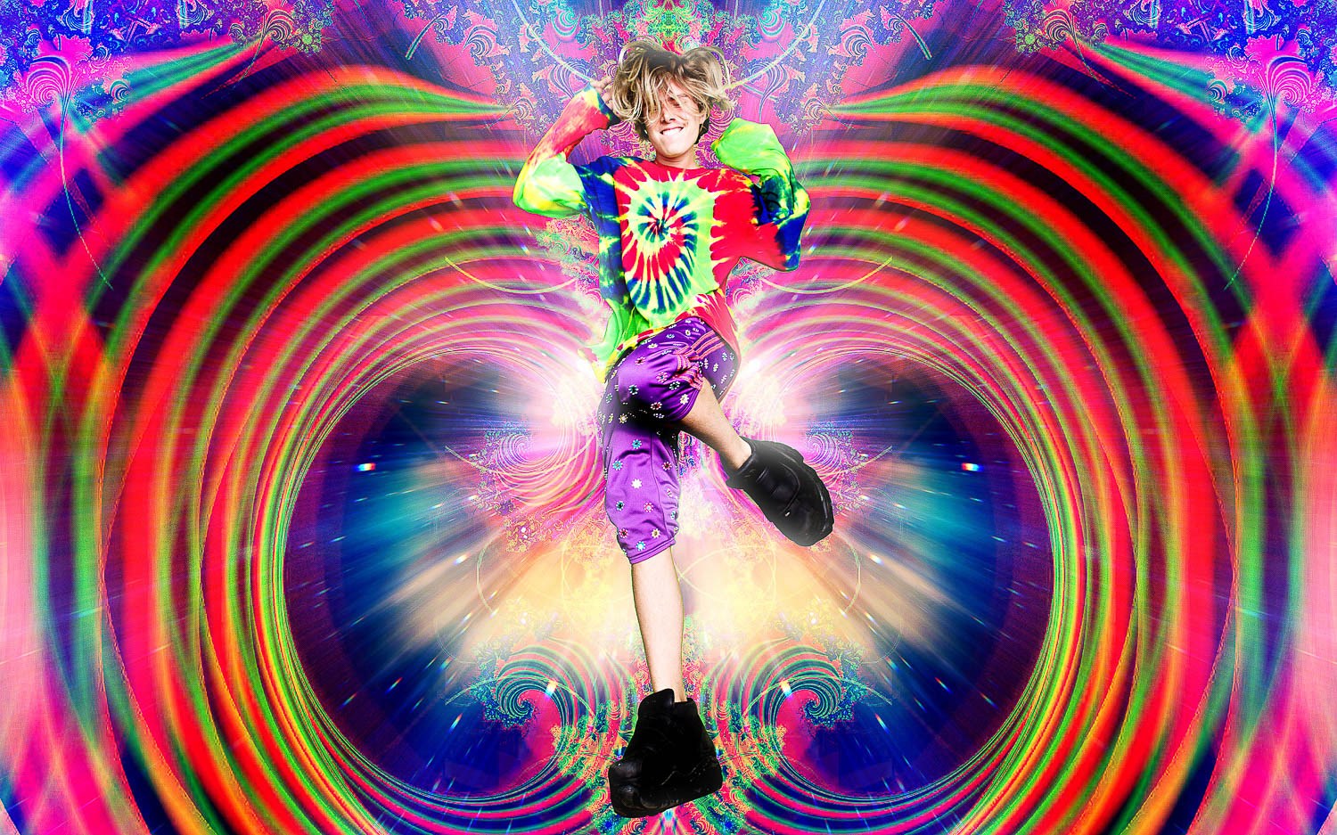 A model in bright sportswear set against concentric rainbow patterns.
