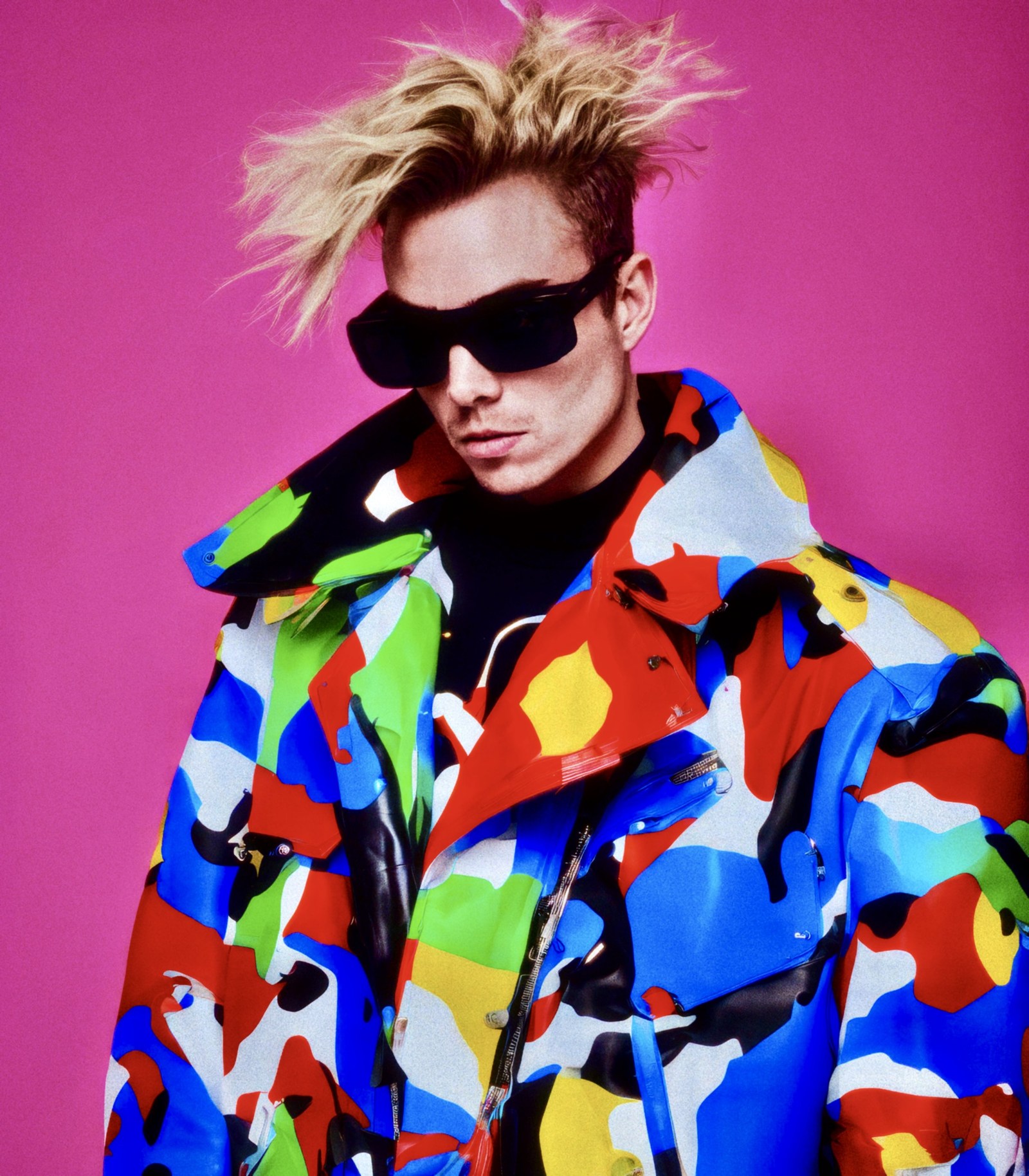 WORM wearing dark sunglasses and a brightly patterned coat against pink.