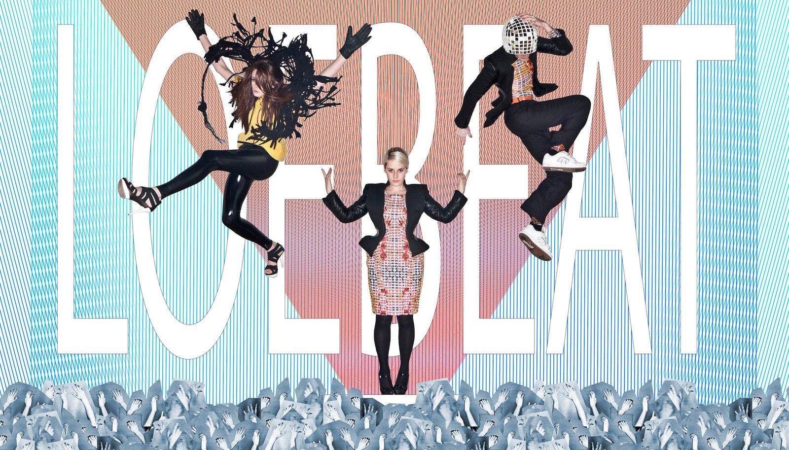 A LOEBEAT band collage with three airborne figures against pale blue and pink.