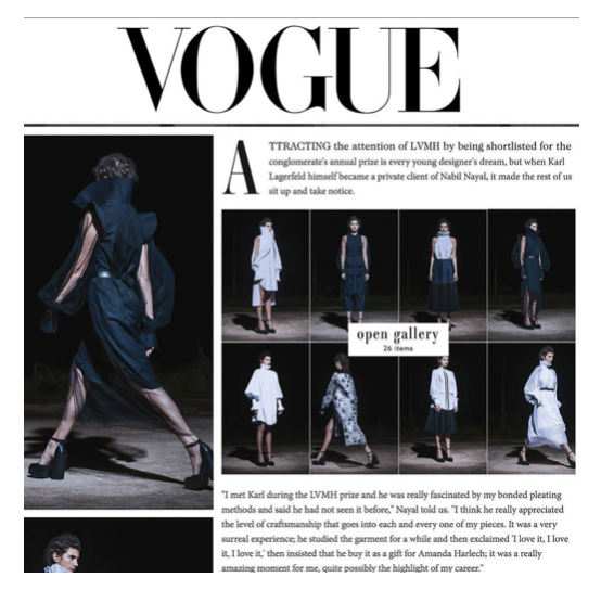 Vogue fashion feature with runway photographs of dark and pale sculptural outfits.