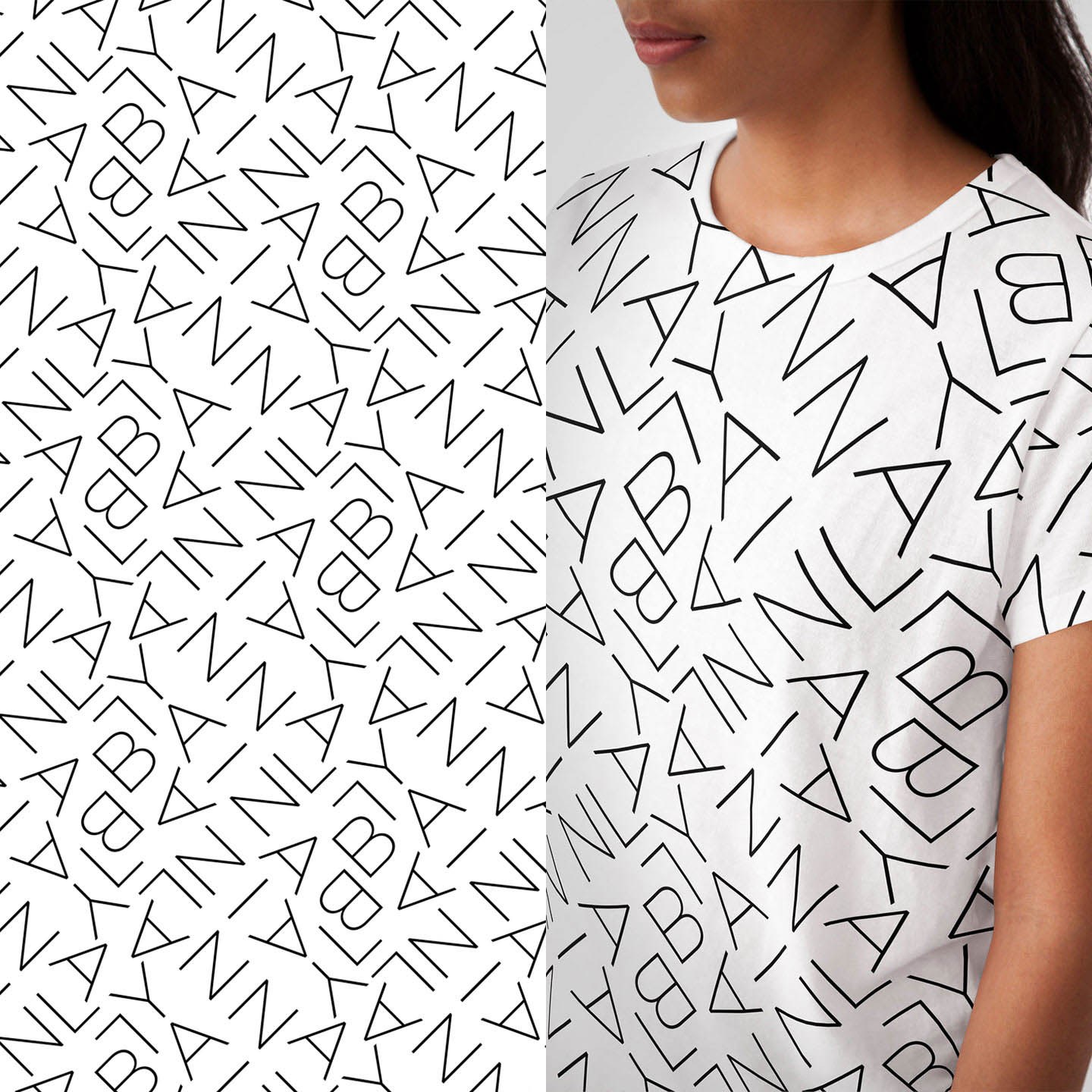 An angular black-and-white lettering pattern beside a model wearing it on a white top.