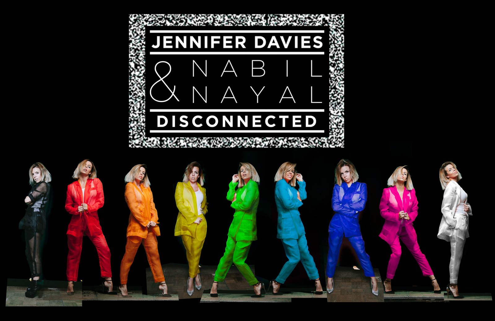 Jennifer Davies and Nabil Nayal Disconnected artwork showing a row of brightly coloured suits.
