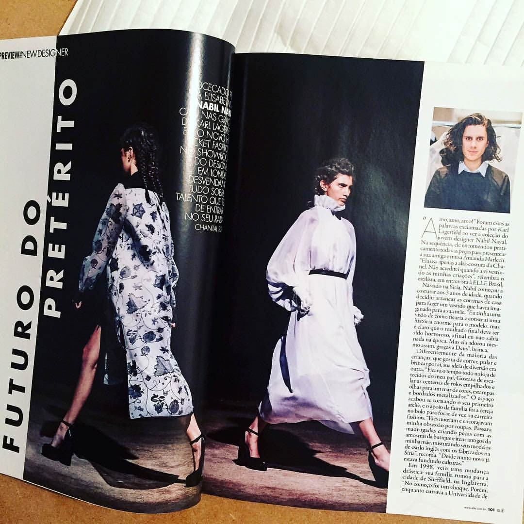 Photographed fashion magazine spread with patterned and pale runway outfits.
