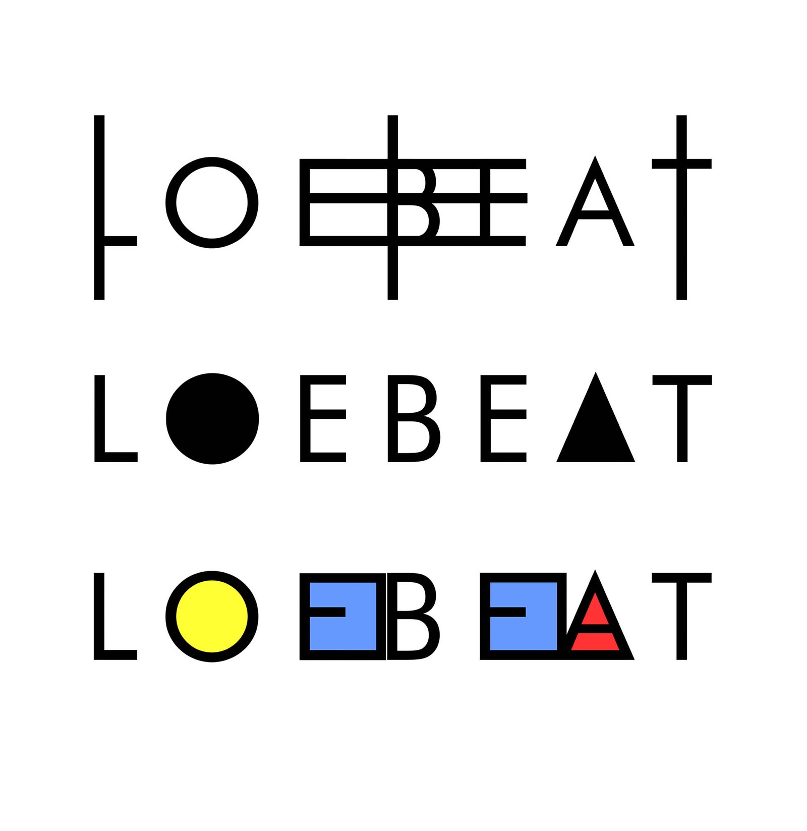 Three LOEBEAT wordmark studies using lines, geometric letters and primary colours.