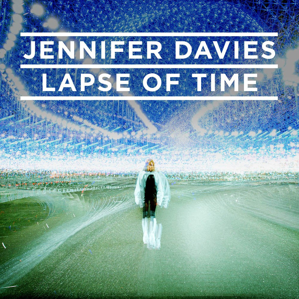 Jennifer Davies Lapse of Time artwork with a lone figure in a luminous blue-green space.