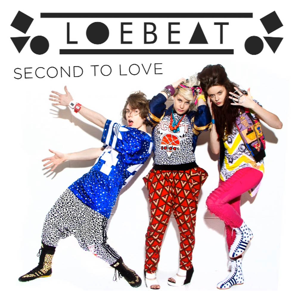LOEBEAT Second to Love artwork with three band members posing in colourful outfits.