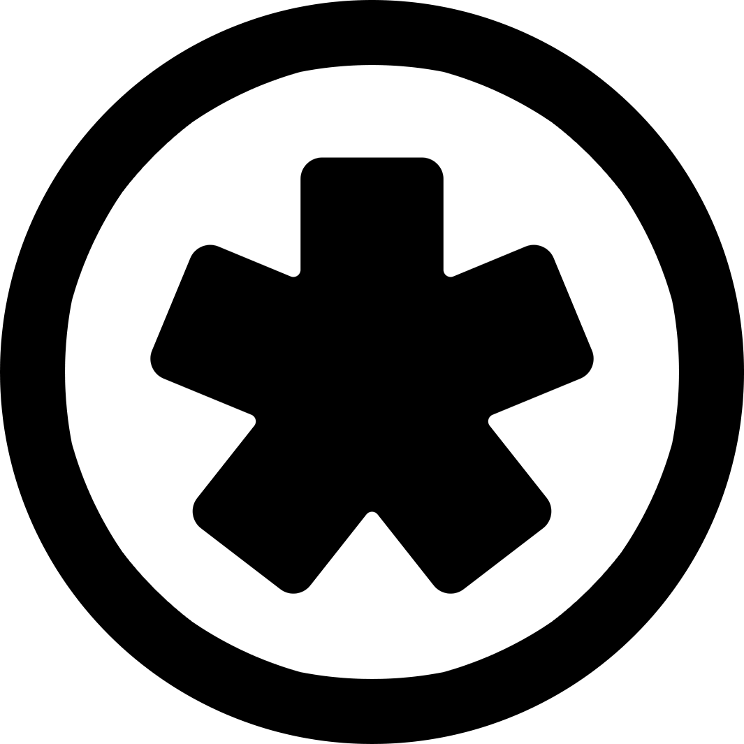 A black asterisk-like emblem inside a white circle on a black background.