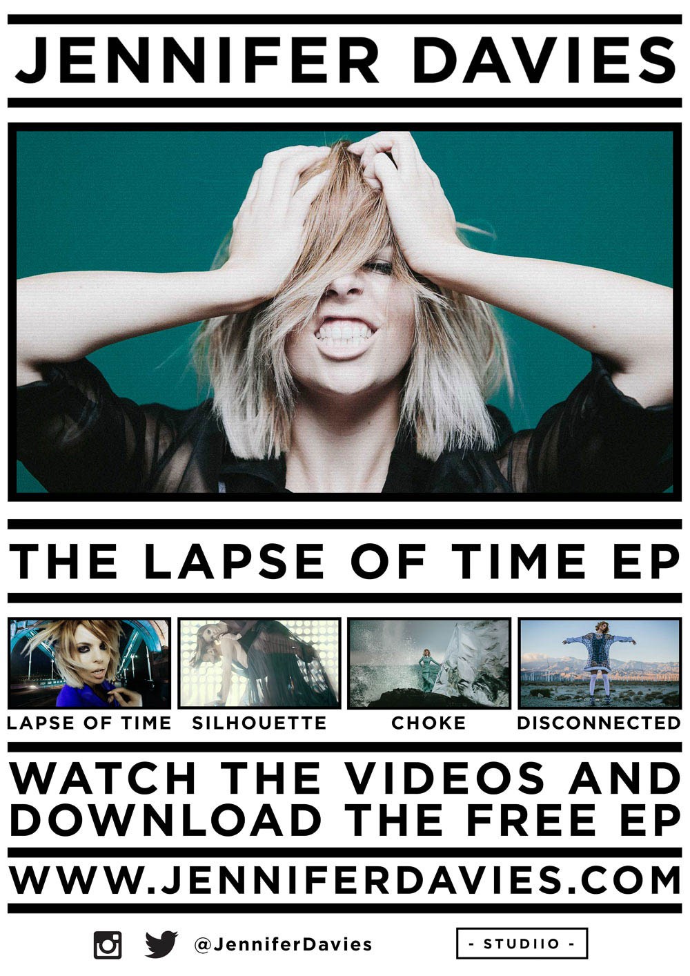 A Jennifer Davies Lapse of Time EP poster with a portrait and a row of film stills.