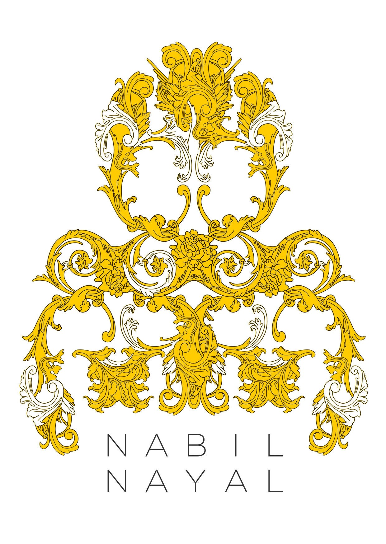 An ornate yellow baroque motif above widely spaced Nabil Nayal lettering.