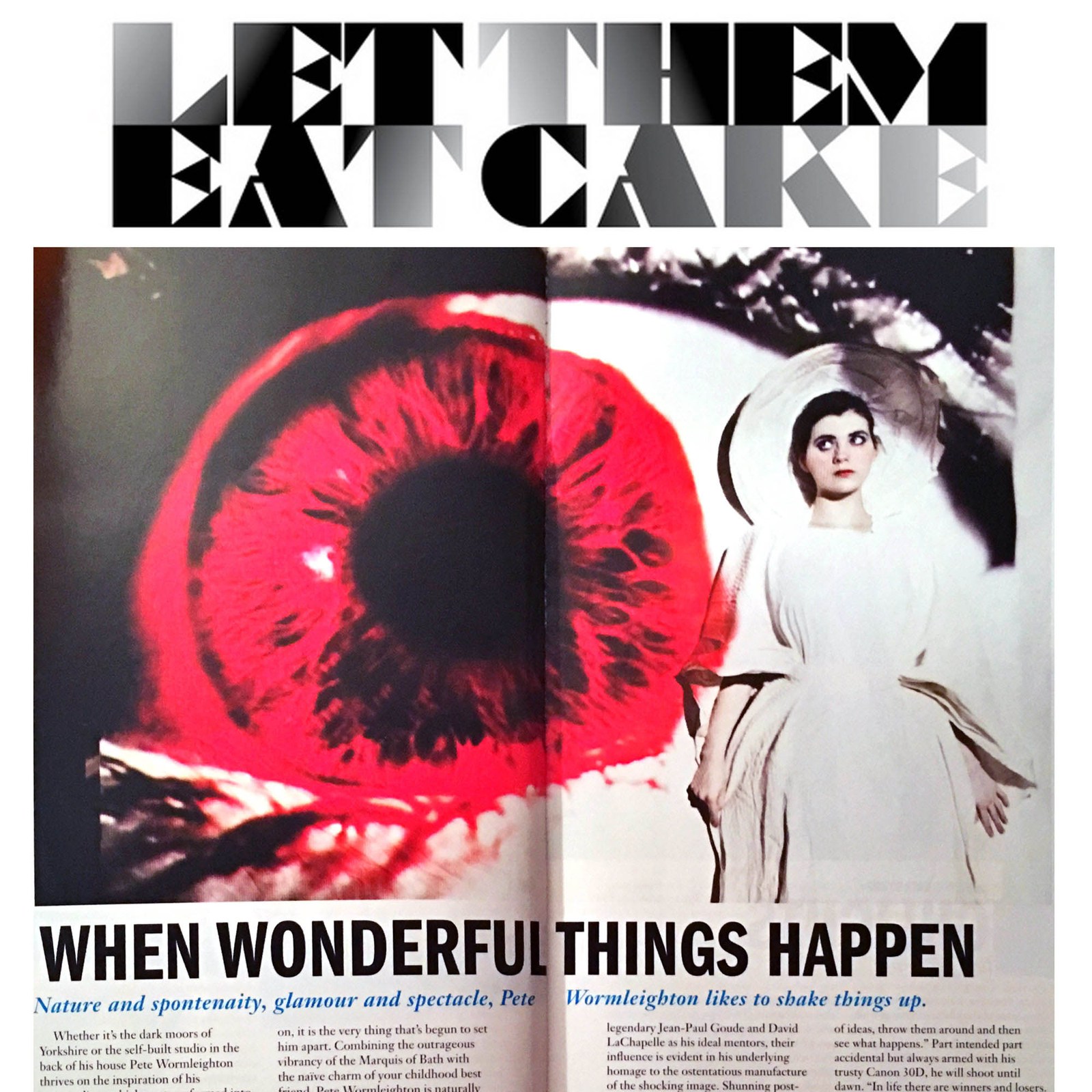 Let Them Eat Cake feature headed When Wonderful Things Happen, with a red eye collage and fashion portrait.