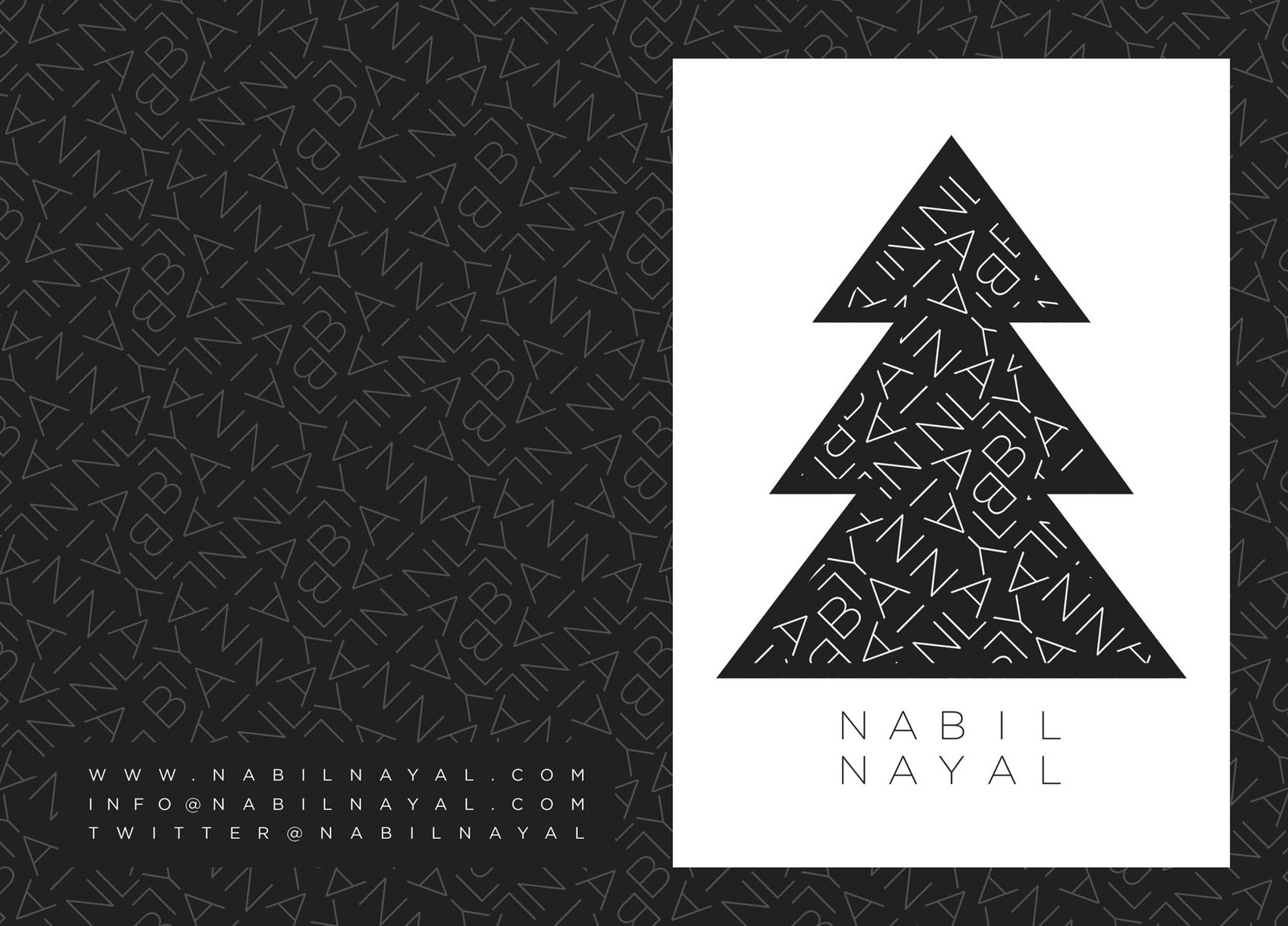 A Nabil Nayal card design featuring a stylised black Christmas tree filled with lettering.