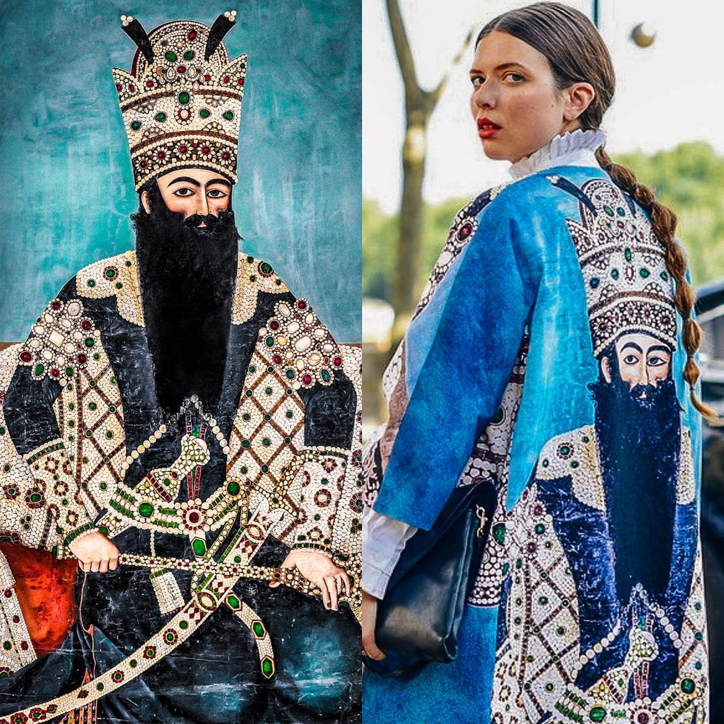 An ornate historical portrait beside a model wearing a blue garment printed with its imagery.