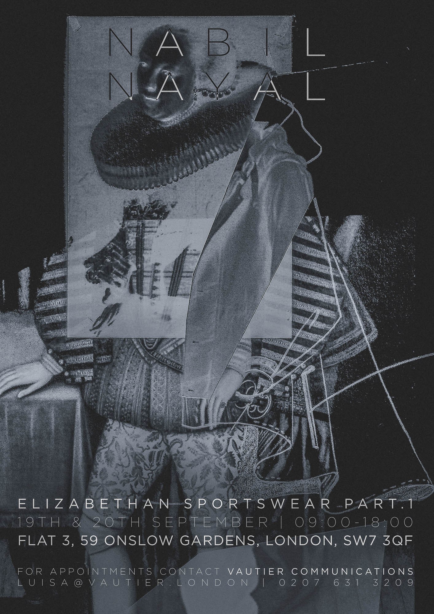 A dark Nabil Nayal show invitation with an Elizabethan-inspired fashion photograph.