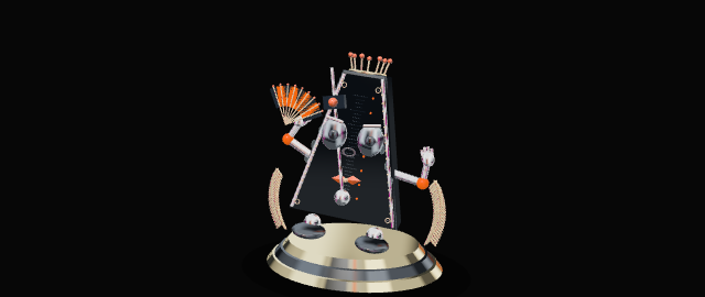 An anxious gilded metronome character fanning its face with an ornate folding fan.