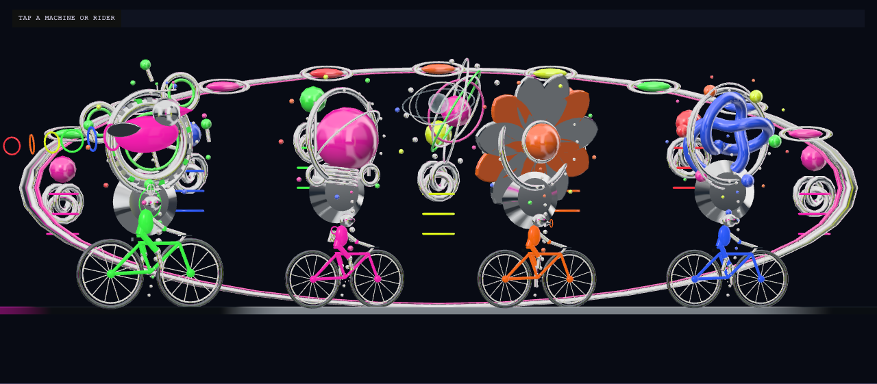 RELAY’s chrome and lacquer mechanical cyclists beneath a jewel-set clockwork music pavilion.