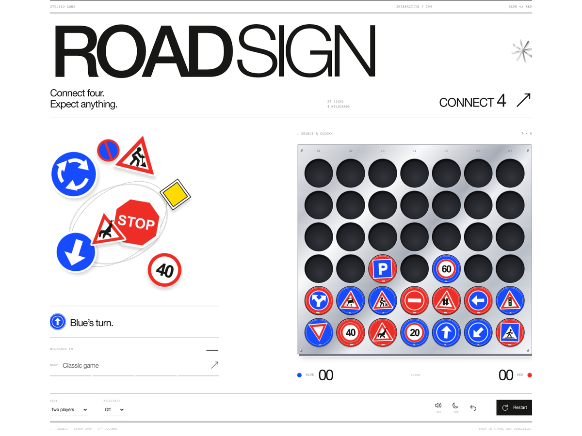 ROAD SIGN Connect 4, with oversized black typography, a chrome board and twenty-four colourful road signs.