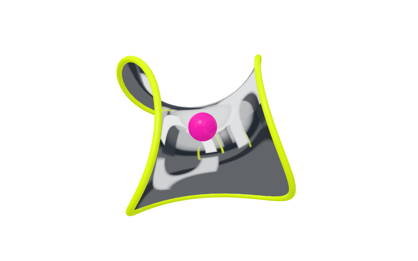 A curved chrome membrane with a fluorescent yellow edge and a fuchsia sphere, performing in SIGNAL.