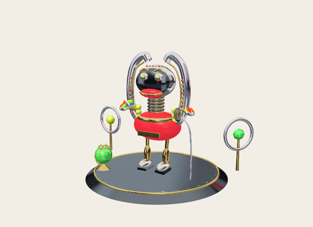 SINGBOT’s chrome and gold lyre performer, expressive eyes and ceramic shoes on its miniature world-conquest stage.