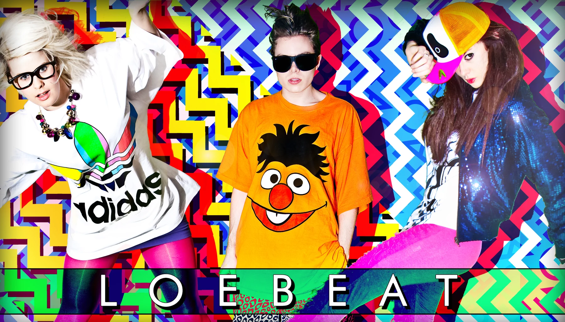 Loebeat in primary colours against a zigzag collage