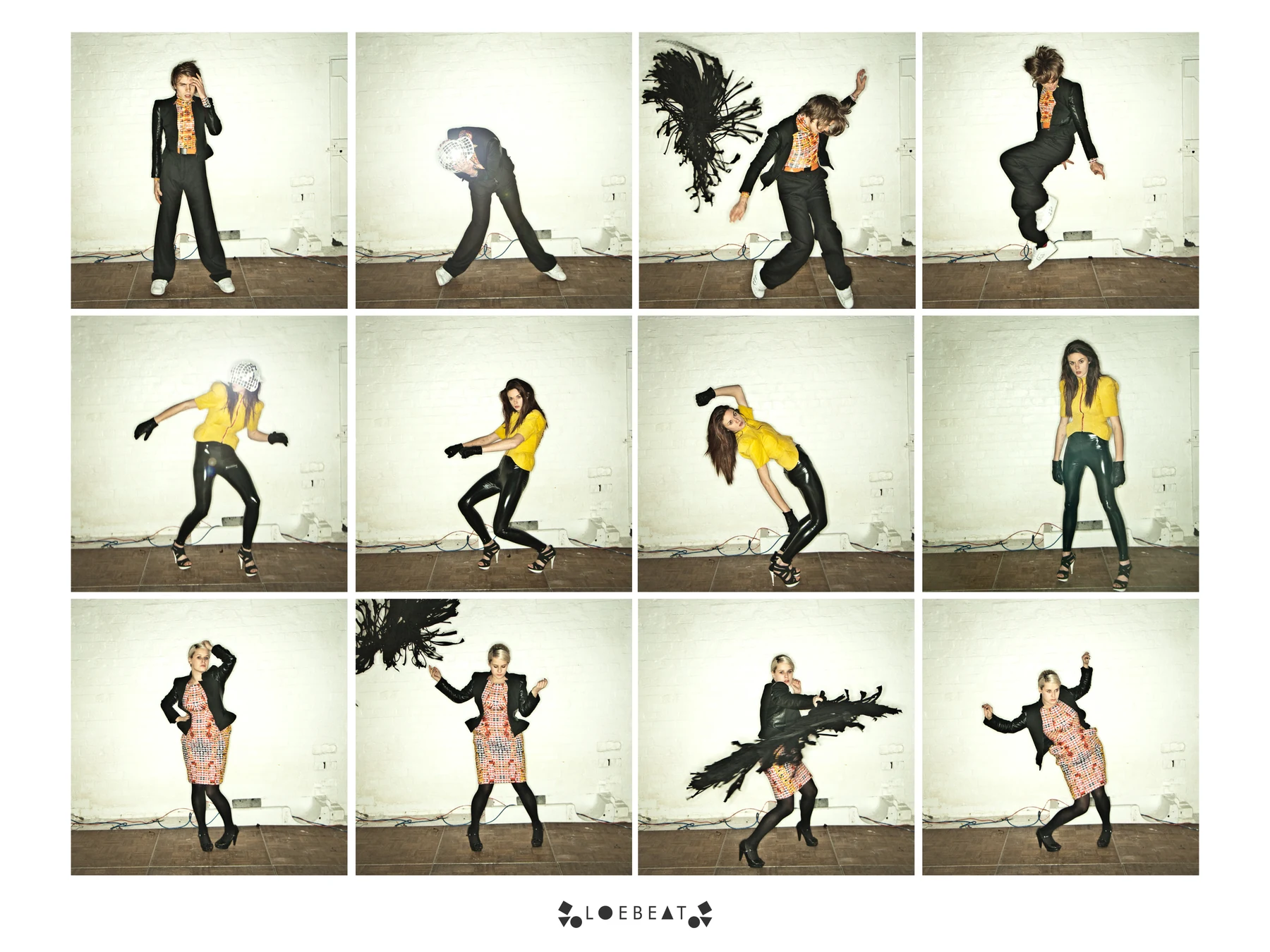 Loebeat costume and movement studies in a photographic contact sheet