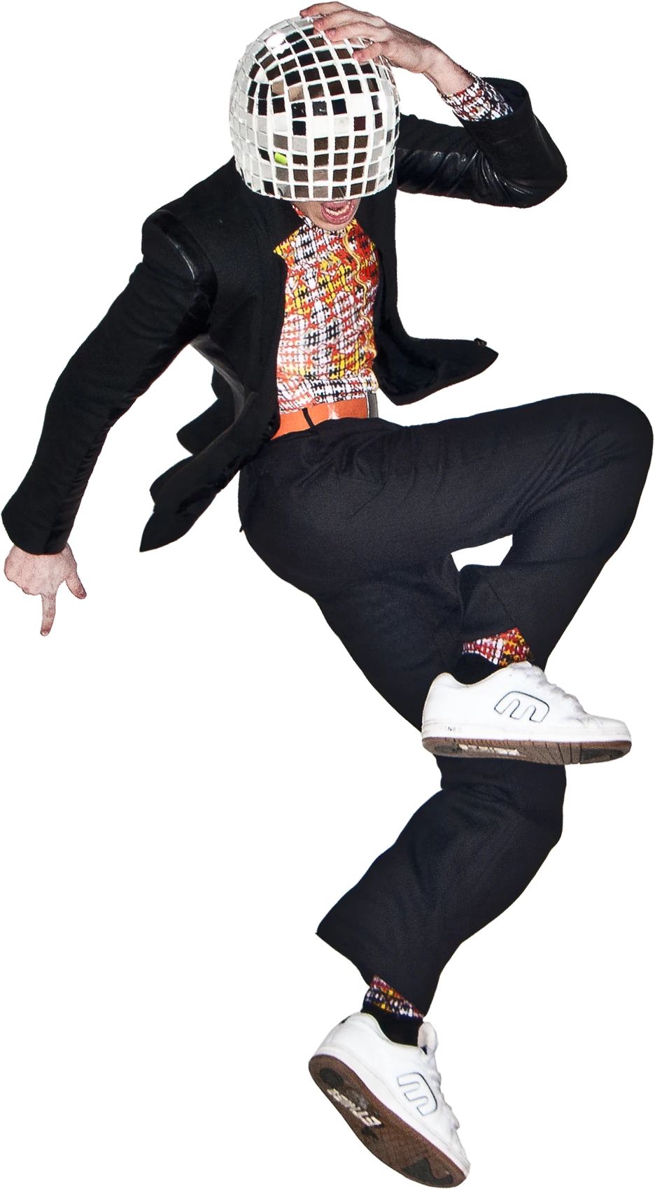 Ramdaq jumping in a mirrored helmet