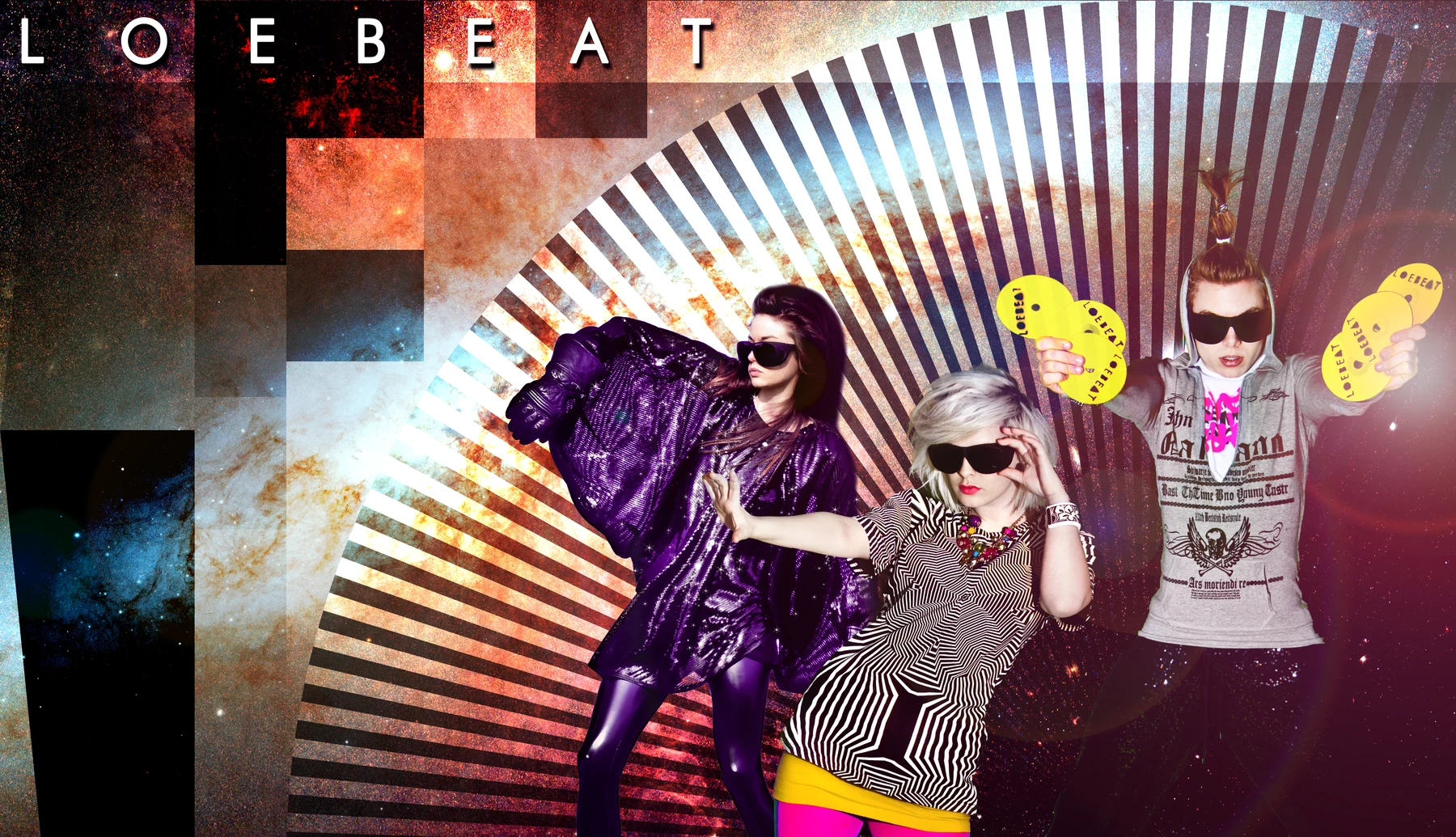 Loebeat in reflective costumes against a geometric light collage
