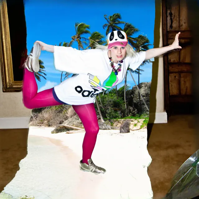 A model in a panda cap, white Adidas T-shirt and pink leggings, balancing against a tropical paper backdrop.