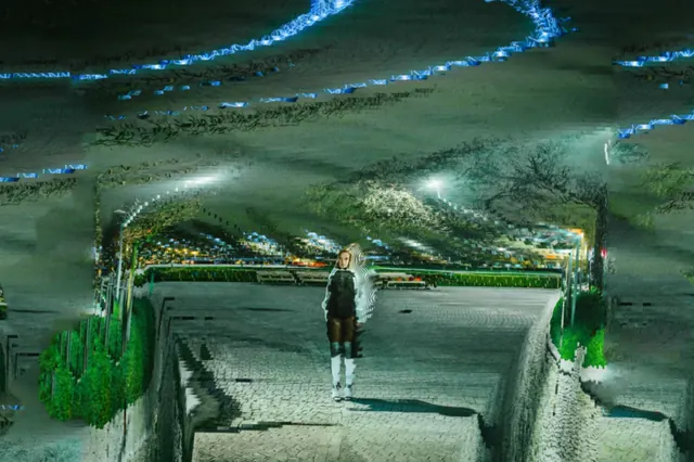 A solitary figure among fractured reflections of a city square and electric-blue light.