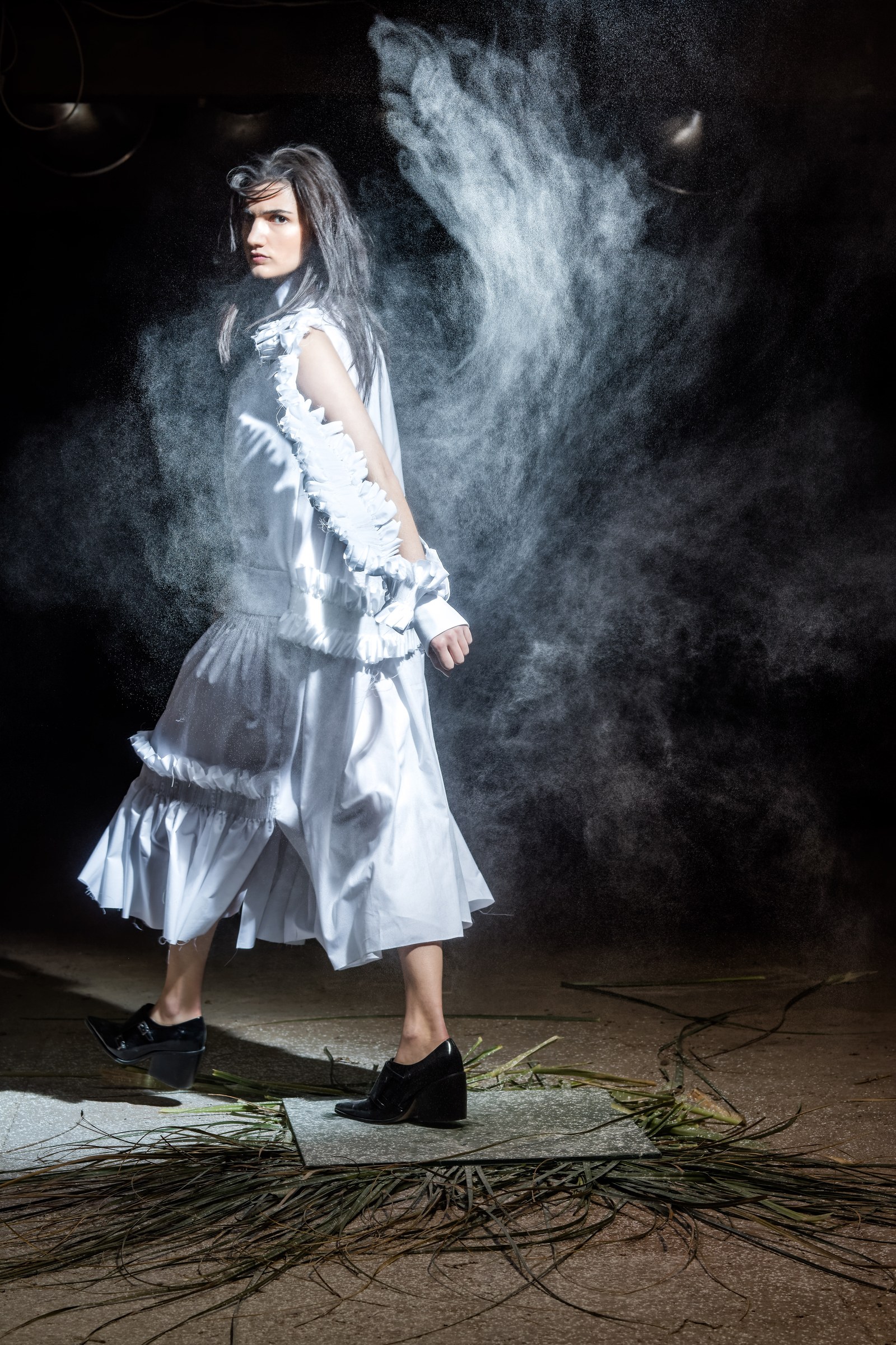 Nabil Nayal — Autumn / Winter 2016. White tiered dress. Alternate view.