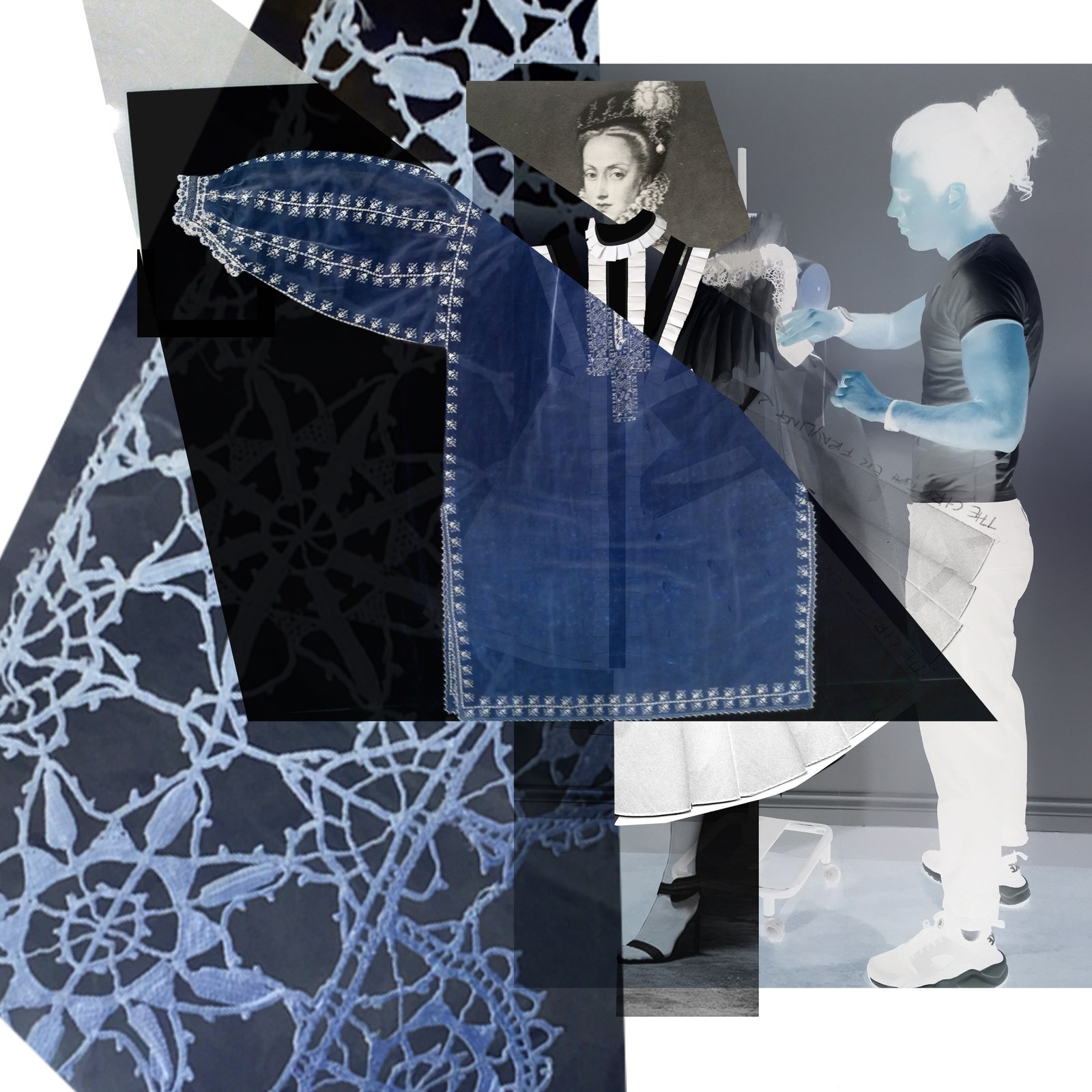 Nabil Nayal — SS17 studio collage: blue textiles, a historical portrait and garment development.